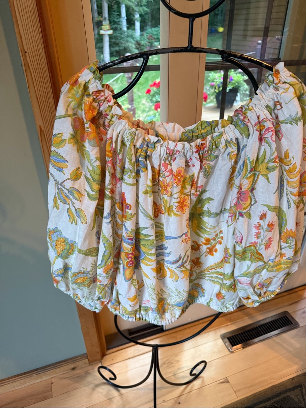 Rachel Zoe Linen Blend w Floral Off-Shoulder Puff Sleeve Crop Pheasant Top Sz XL